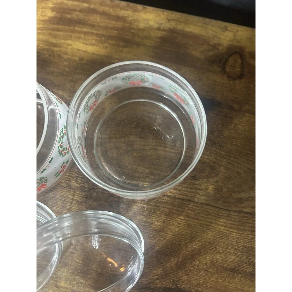 3 Indiana Glass Christmas Gift Jar Candy Nut Clear Glass Lid Wreath Holly Berry